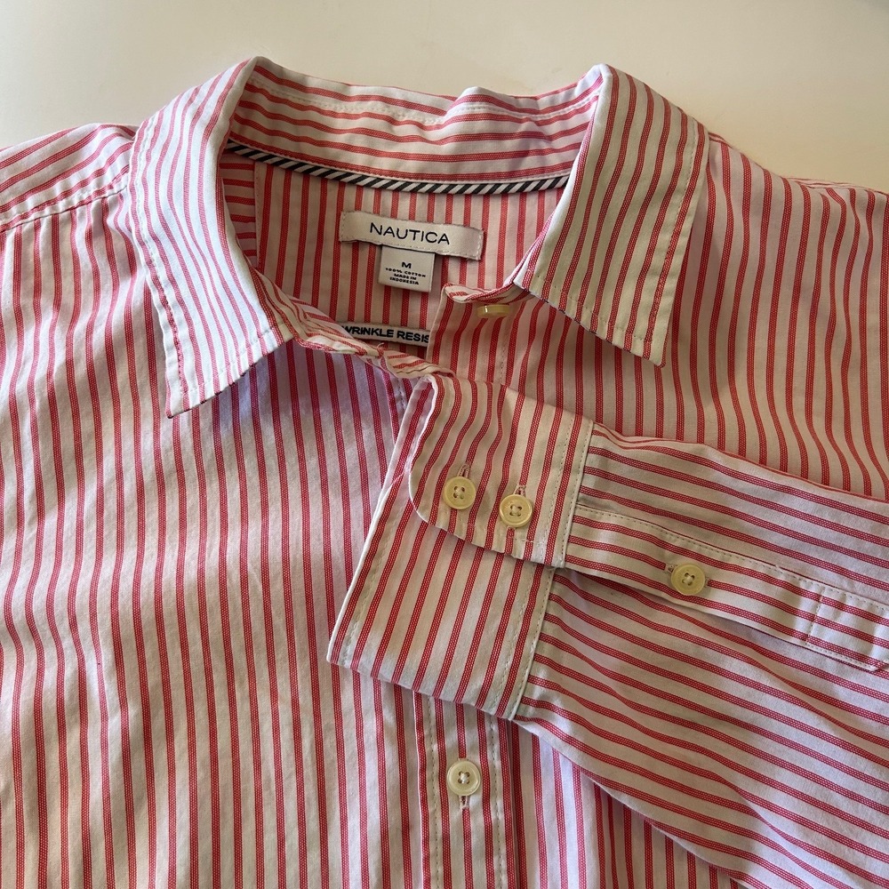 Nautica Womens‎ Pink Striped Long Sleeve Button Down Shirt Wrinkle Resistant